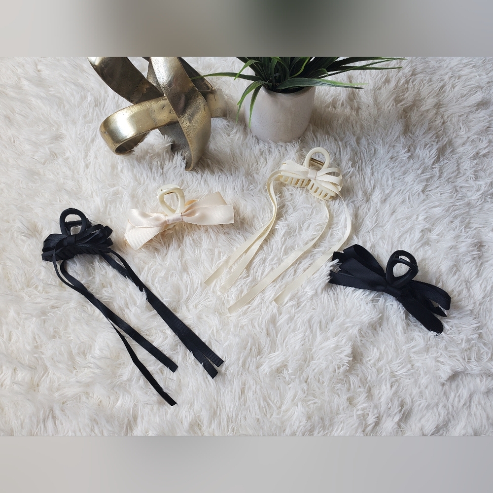 2/$25 - 4 Piece Cream and Black Hair Clips With Satin Bows